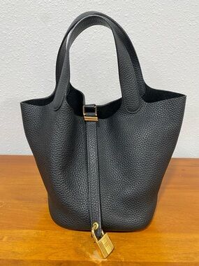 Black Pebbled Leather Tote with Gold Lock Detail